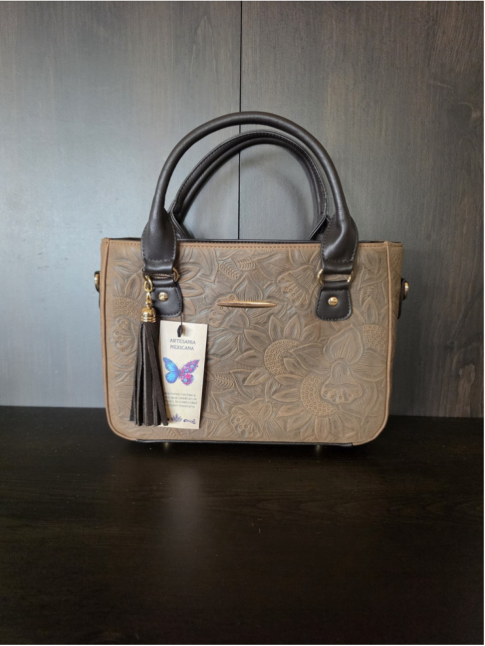 Milk Chocolate Brown Tasseled Sunflower Embossed Tooled Artisan LEATHER Purse - Picture 4 of 16